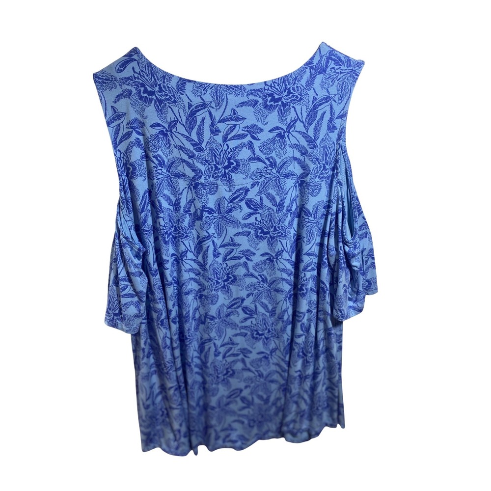Chico's Cold Shoulder Top Women Size 2 Blue Excellent Floral Tropical Print - Picture 2 of 9